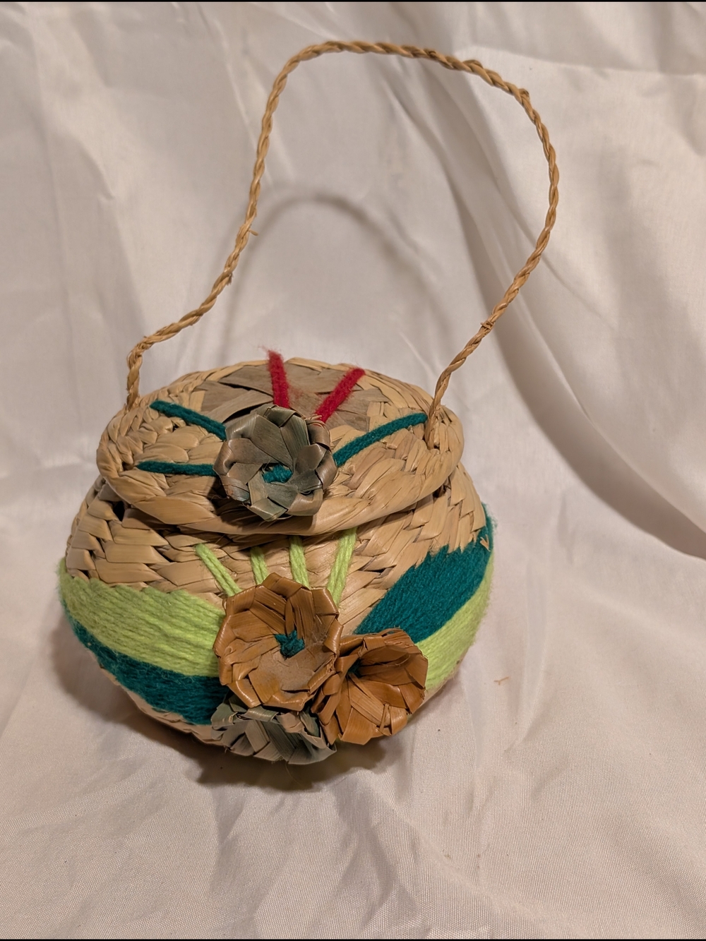 Woven Seagrass Basket with Colorful Yarn Accents